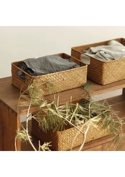 El Dokuma Dikdörtgen Rattan Hasır Saklama Sepeti Meyve Çayı Atıştırmalık Ekmek Piknik Sepeti Kozmetik Saklama Kutusu - Xl (Yurt Dışından) modelleri