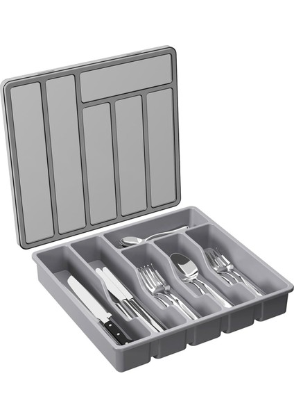 Kapaklı Gümüş Eşya Düzenleyici, Mutfak Çekmecesi ve Tezgahı Için Kapaklı Gereç Tepsisi, Plastik Çatal Bıçak Takımı ve Çatal Bıçak Takımı Gri (Yurt Dışından)