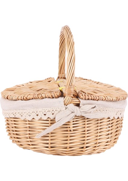 Saplı El Yapımı Hasır Sepet Çift Kapaklı Hasır Kamp Piknik Sepeti Kumaş Astarlı Saklama Sepeti (Yurt Dışından)