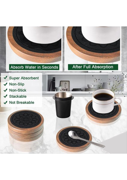 Içecekler Için Ahşap Bardak Altlıkları, 5'li Emici Bardak Altlığı Setleri, Kahve Masa Üstü Koruması Için Içecek Bardak Altlıkları, Kaymaz Siyah (Yurt Dışından) modelleri