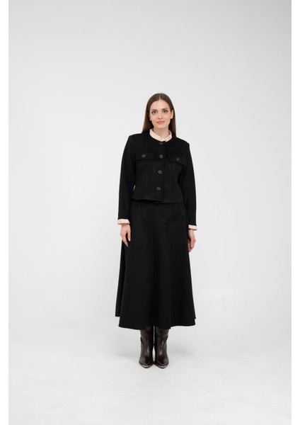 Düğme Detaylı Süet Etek Ceket Takım K8089