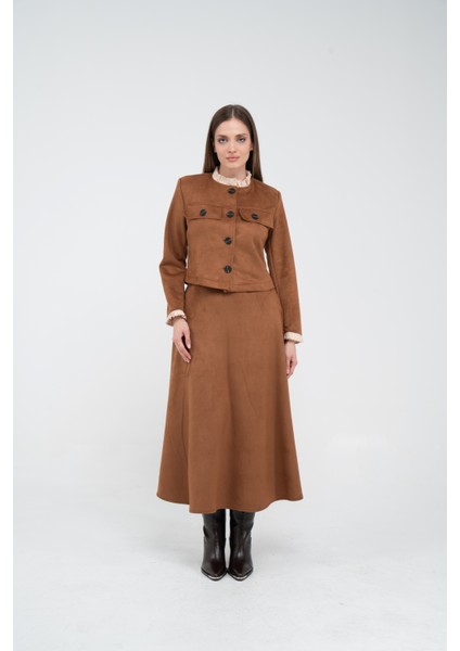 Düğme Detaylı Süet Etek Ceket Takım K8089