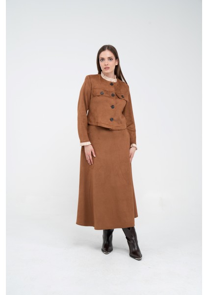 Düğme Detaylı Süet Etek Ceket Takım K8089 modelleri