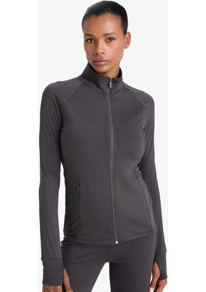 Fitted Dik Yaka Çift Cepli Fermuarlı Sporcu Hırka