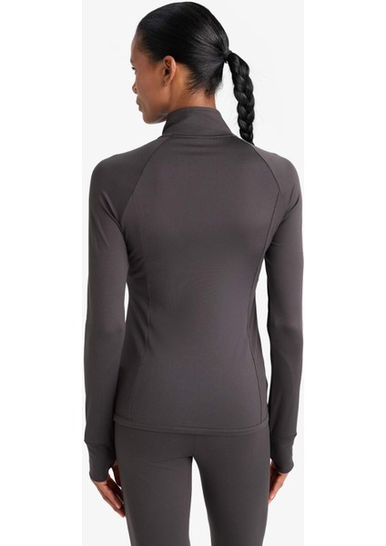 Fitted Dik Yaka Çift Cepli Fermuarlı Sporcu Hırka