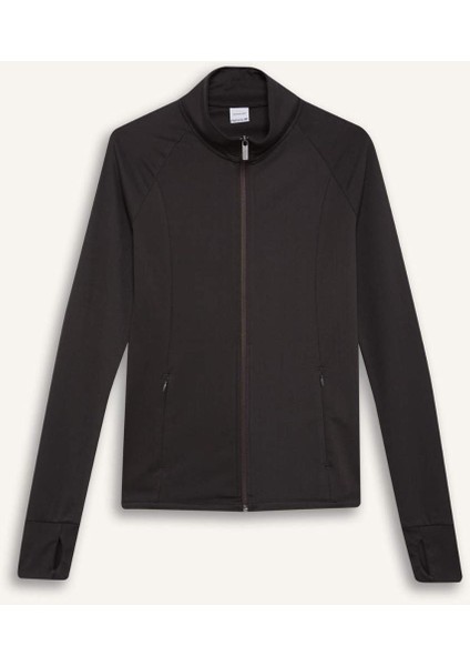 Fitted Dik Yaka Çift Cepli Fermuarlı Sporcu Hırka