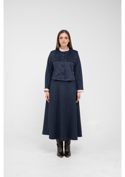 Düğme Detaylı Süet Etek Ceket Takım K8089