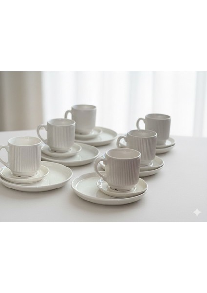 18 Parça 6’lı Çizgili Porselen Kahve Fincan Takımı + Pasta Tabağı – Modern Minimal Sunum Seti fiyatları