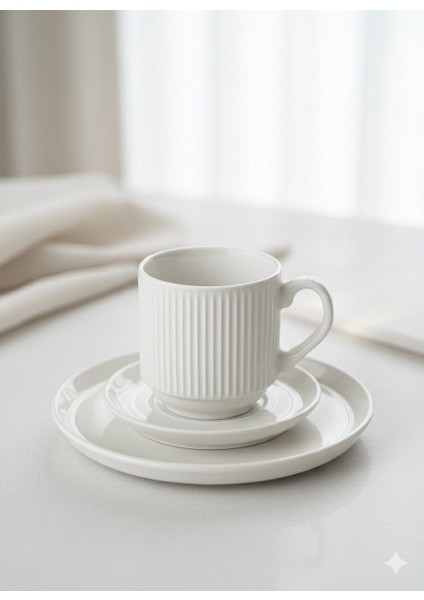 18 Parça 6’lı Çizgili Porselen Kahve Fincan Takımı + Pasta Tabağı – Modern Minimal Sunum Seti fırsatları