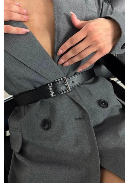 Kadın Siyah Gümüş Tokalı Kemeri Pantolon Kemeri Ceket Kemeri