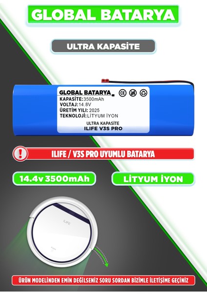 Ilıfe V3S Pro Uyumlu Robot Süpürge Bataryası 14.8V 3500MAH Li-Ion Pil (Ultra Kapasite)