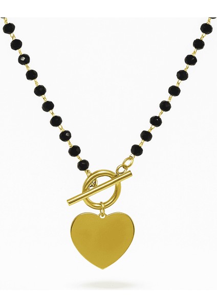 Kadın Çelik Kolye - Isme Özel Yazılı - Kalp Tasarım - Siyah Zirkon Taşlı - Altın Renk