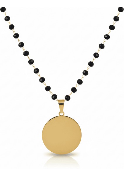 Kadın Çelik Kolye - Isme Özel Yazılı - Klasik Model - Siyah Zirkon Taşlı - Altın Renk