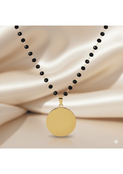 Kadın Çelik Kolye - Isme Özel Yazılı - Klasik Model - Siyah Zirkon Taşlı - Altın Renk fırsatları