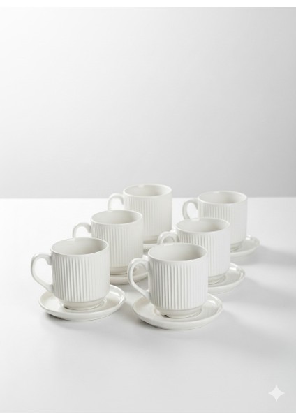 12 Parça 6’lı Çizgili Porselen Kahve Fincan Takımı + Pasta Tabağı – Modern Minimal Sunum Seti