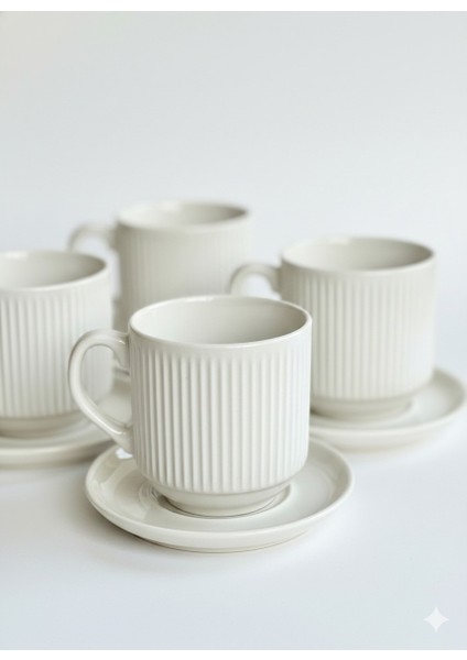 12 Parça 6’lı Çizgili Porselen Kahve Fincan Takımı + Pasta Tabağı – Modern Minimal Sunum Seti fiyatları