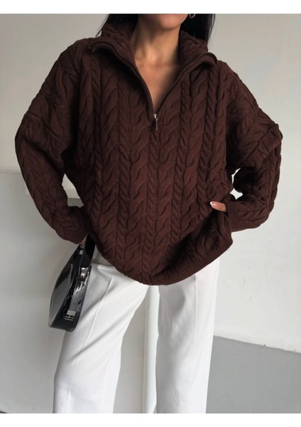 Fermuar Detaylı Basic Örgü Desen Kalın Triko Kazak