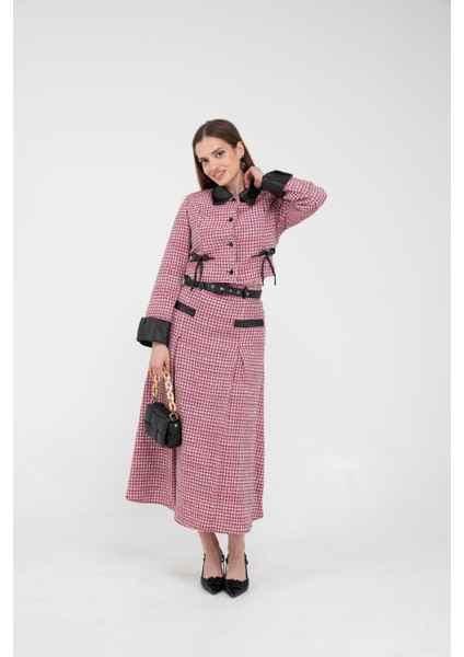 Deri Detaylı Ekose Ceket Etek İkili Takım K8057 fiyatları