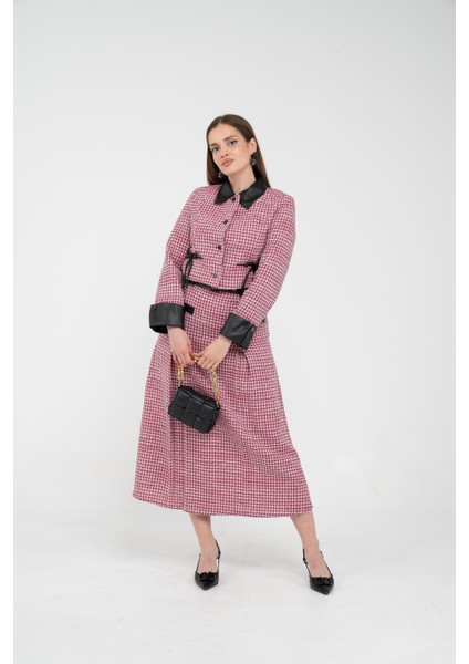 Deri Detaylı Ekose Ceket Etek İkili Takım K8057 fırsatları