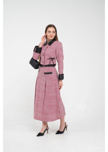 Deri Detaylı Ekose Ceket Etek İkili Takım K8057 indirimleri