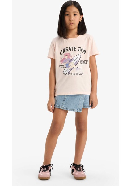 Kız Çocuk Bisiklet Yaka Anime Baskılı Kısa Kollu Tişört E0350A825SM