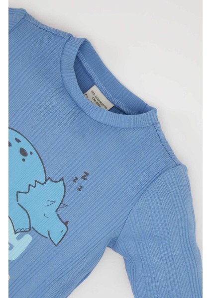 Erkek Bebek Pijama Takımı Fitilli Kaşkorse Dinozor Baskılı Uzun Kollu Üst Beli Lastikli Uzun Alt