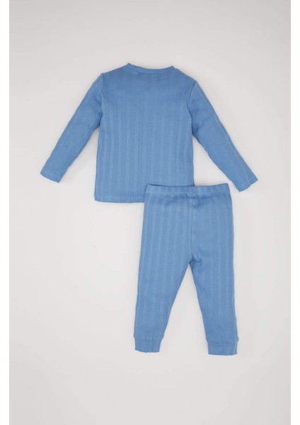 Erkek Bebek Pijama Takımı Fitilli Kaşkorse Dinozor Baskılı Uzun Kollu Üst Beli Lastikli Uzun Alt