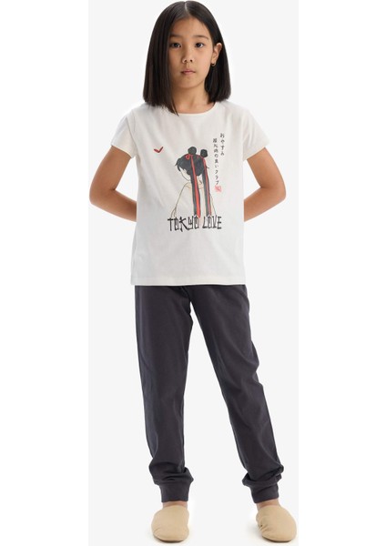 Kız Çocuk Pijama Takımı Baskılı Kısa Kollu Üst Beli Lastikli Uzun Alt E0541A825SM