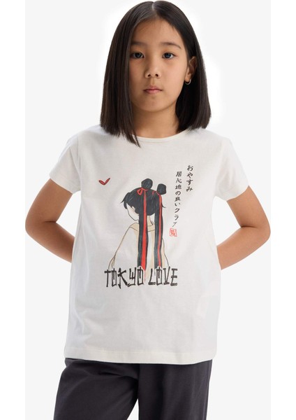 Kız Çocuk Pijama Takımı Baskılı Kısa Kollu Üst Beli Lastikli Uzun Alt E0541A825SM