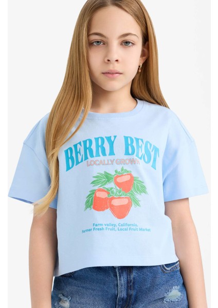 Kız Çocuk Bisiklet Yaka Baskılı Kısa Kollu Tişört