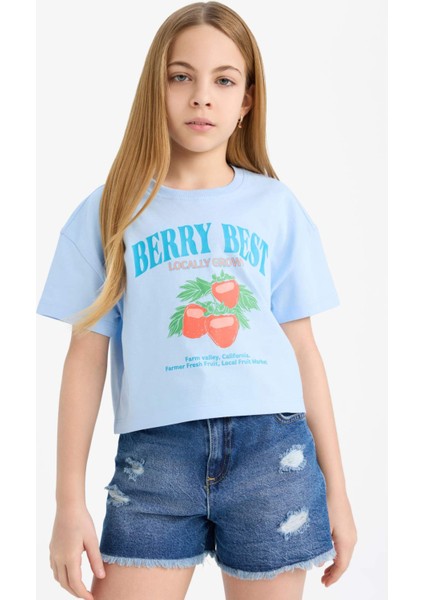 Kız Çocuk Bisiklet Yaka Baskılı Kısa Kollu Tişört