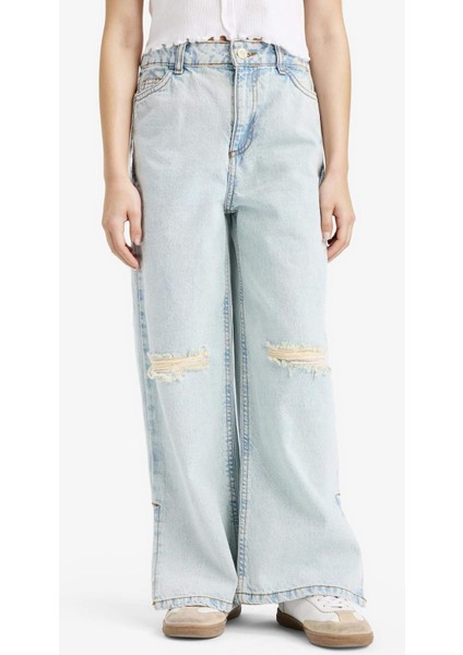 Kız Çocuk Wide Leg Yırtık Detaylı Geniş Paça Jean Pantolon