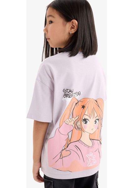 Kız Çocuk Oversize Geniş Kalıp Bisiklet Yaka Sırt Baskılı Kısa Kollu Tişört