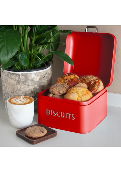 Home Biscutis Galvaniz Metal Saklama Kutusu - Kırmızı