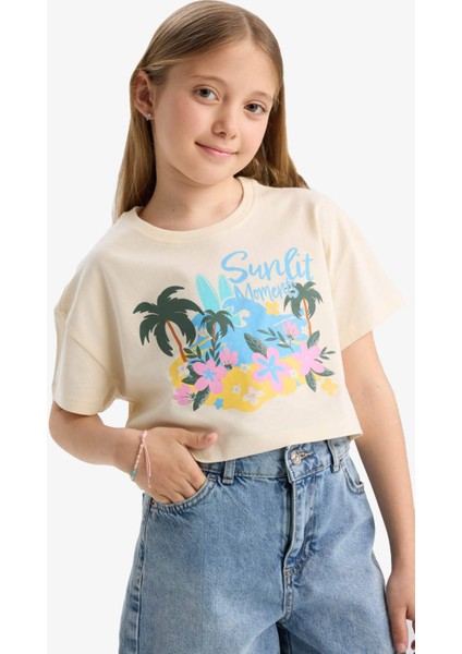 Kız Çocuk Crop Bisiklet Yaka Baskılı Kısa Kollu Tişört E0388A825SM