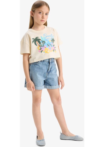 Kız Çocuk Crop Bisiklet Yaka Baskılı Kısa Kollu Tişört E0388A825SM