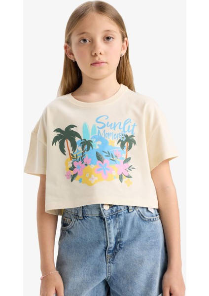 Kız Çocuk Crop Bisiklet Yaka Baskılı Kısa Kollu Tişört E0388A825SM