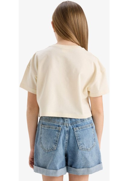 Kız Çocuk Crop Bisiklet Yaka Baskılı Kısa Kollu Tişört E0388A825SM