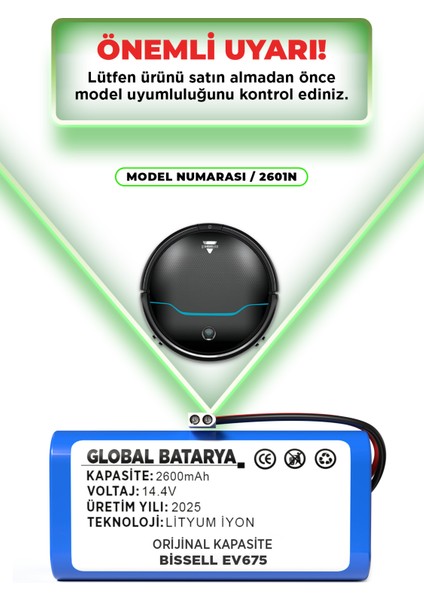 Bissell EV675 2601N Uyumlu Robot Süpürge Bataryası 14.4V 2600MAH Li-Ion Pil (Orijinal Kapasite) indirimleri