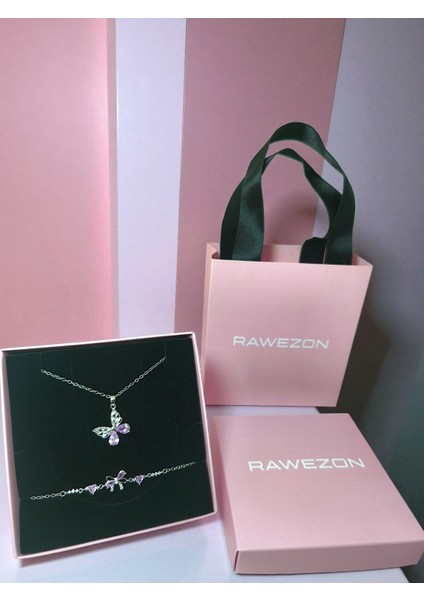 Nerovia Kutulu Çantalı Çelik Pembe Taşlı Kelebek Kolye ve Bileklik Seti-Sevdiklerinize Hediyelik