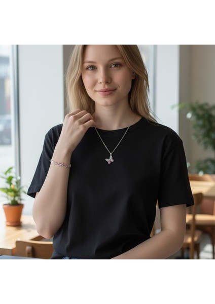 Nerovia Kutulu Çantalı Çelik Pembe Taşlı Kelebek Kolye ve Bileklik Seti-Sevdiklerinize Hediyelik fiyatları