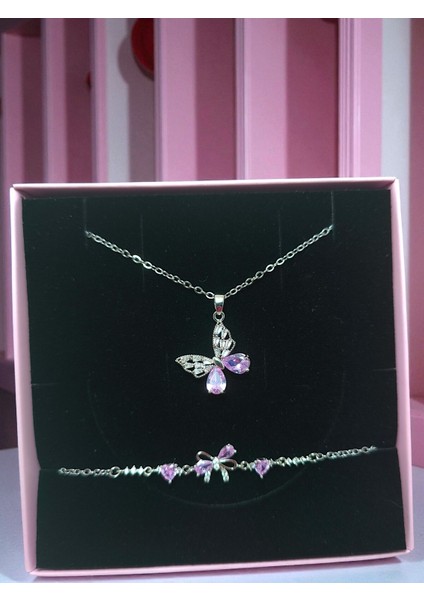 Nerovia Kutulu Çantalı Çelik Pembe Taşlı Kelebek Kolye ve Bileklik Seti-Sevdiklerinize Hediyelik modelleri