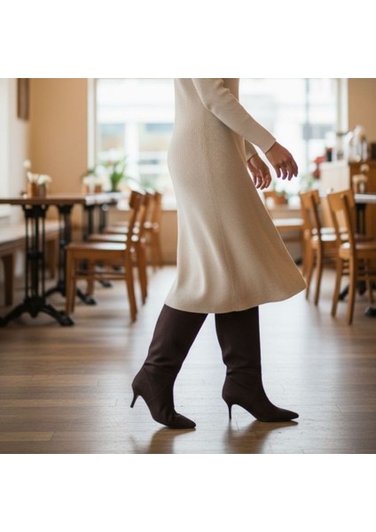 Kahve Süet Hakiki Deri Körüklü Kadın Sivri Burun Çizme fiyatları