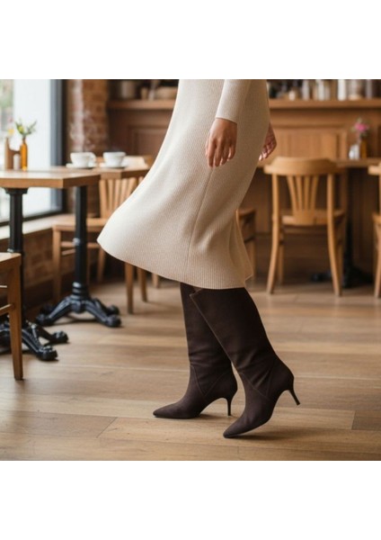 Kahve Süet Hakiki Deri Körüklü Kadın Sivri Burun Çizme modelleri