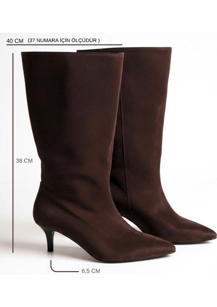 Kahve Süet Hakiki Deri Körüklü Kadın Sivri Burun Çizme