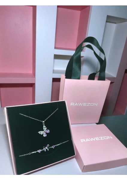 Nerovia Kutulu Çantalı Çelik Pembe Taşlı Kelebek Kolye ve Bileklik Seti-Sevdiklerinize Hediyelik indirimleri