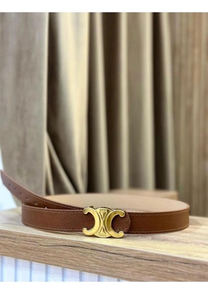 Kadın Taba Kemer Elbise Kemeri Gold Detaylı Taba Kemer Ceket Kemeri