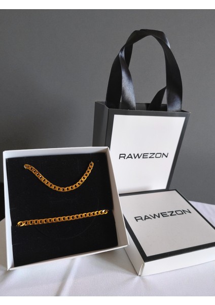 Özel Çantalı Kutulu Erkek Gold Renk Çelik Zincir Kolye ve Bileklik Seti–sevgiliye Erkek Arkadaşa modelleri