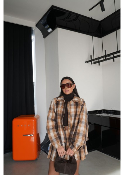 Ekoseli Fermuarlı Bomber Yün Ceket