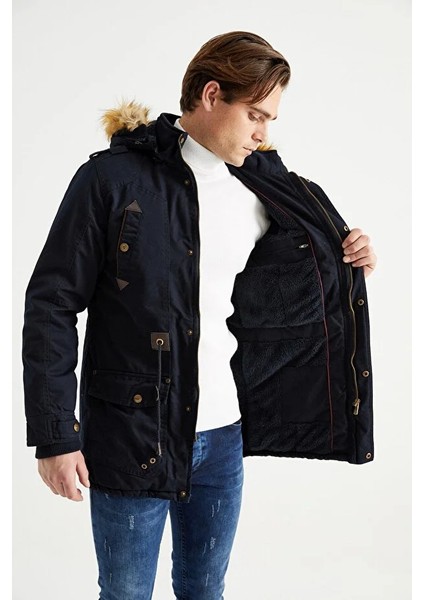 Erkek Siyah Dik Yaka Şişme Suni Deri Mont